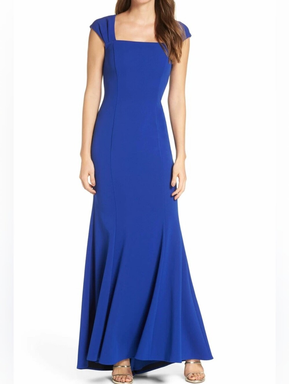 Sz 8 Eliza J Royal Blue Stretch Crepe Cap Sleeve Keyhole Back Mermaid Gown